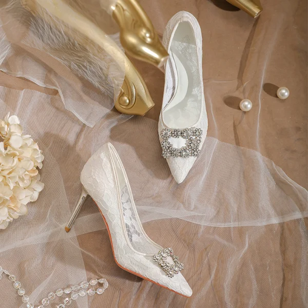 Schöne Ivory / Creme Spitze Strass Brautschuhe 2021 8 cm Stilettos Spitzschuh Hochzeit Pumps Hochhackige