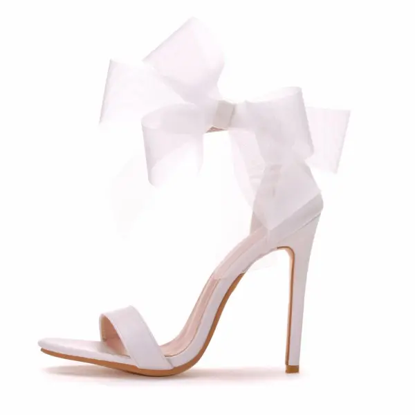 Abordable Blanche Chaussure De Mariée 2020 Noeud Bride Cheville 11 cm Talons Aiguilles Peep Toes / Bout Ouvert Mariage Talons