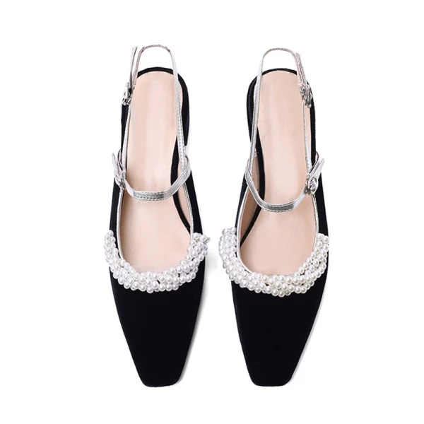 Elegante Schwarz Datierung Leder Damenschuhe 2020 Perle Knöchelriemen 7 cm Thick Heels Spitzschuh High Heels