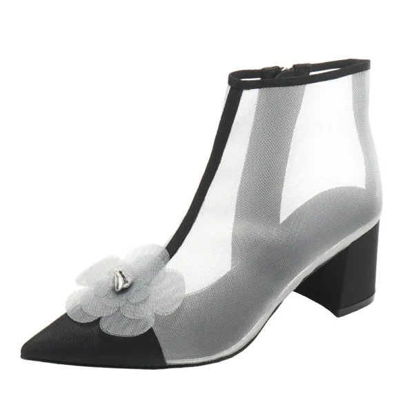 Chic / Beautiful Black Street Wear See-through Womens Boots 2020 Appliques 6 cm Thick Heels Pointed Toe Boots