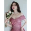 Fashion Gradient-Color Candy Pink Sequins Prom Dresses 2021 A-Line / Princess Off-The-Shoulder Short Sleeve Backless Bow Floor-Length / Long Evening Party Formal Dresses