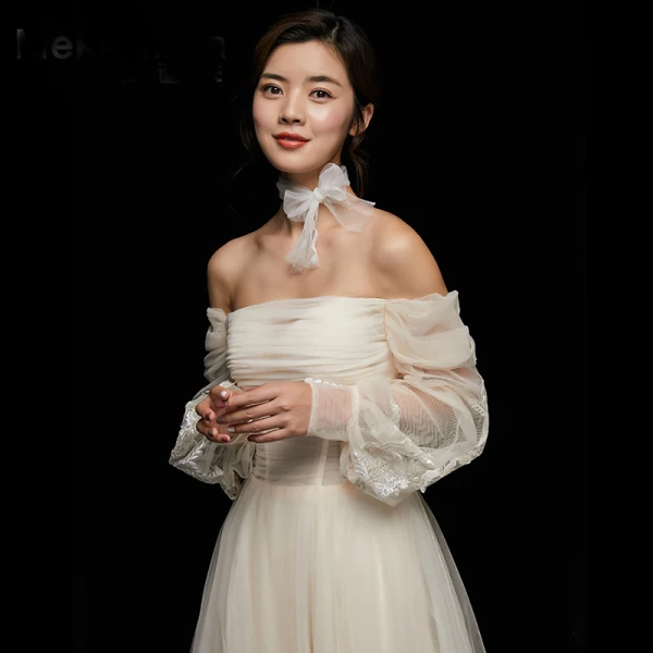 Modest / Simple Champagne Wedding Dresses 2018 A-Line / Princess Lace Off-The-Shoulder Backless 3/4 Sleeve Court Train Wedding