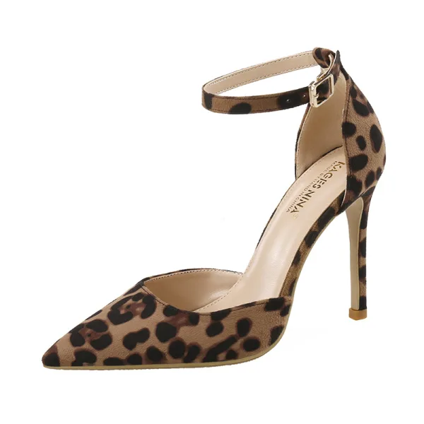 Fashion Brown Street Wear Leopard Print Womens Sandals 2020 Ankle Strap 10 cm Stiletto Heels Pointed Toe Sandals