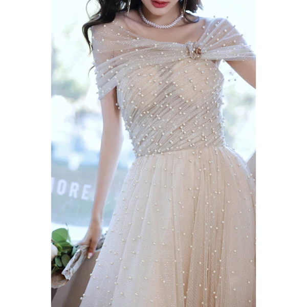 Charmant Champagne Perle Paillettes Robe De Bal 2021 Princesse De l'épaule Manches Courtes Longue Promo Robe De Ceremonie