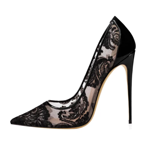 Sexy Schwarz Spitze Abend Pumps 2020 12 cm Stilettos Spitzschuh Pumps