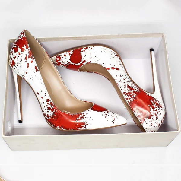 Unique Weiß Strassenmode Gekritzel Pumps 2020 12 cm Stilettos Spitzschuh Pumps