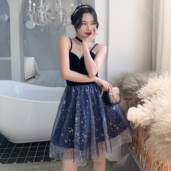 Sexy Bleu Marine Daim Robe De Fete 2021 Princesse Bretelles Spaghetti Étoile Paillettes Sans Manches Dos Nu Courte Cocktail Soirée Robe De Ceremonie