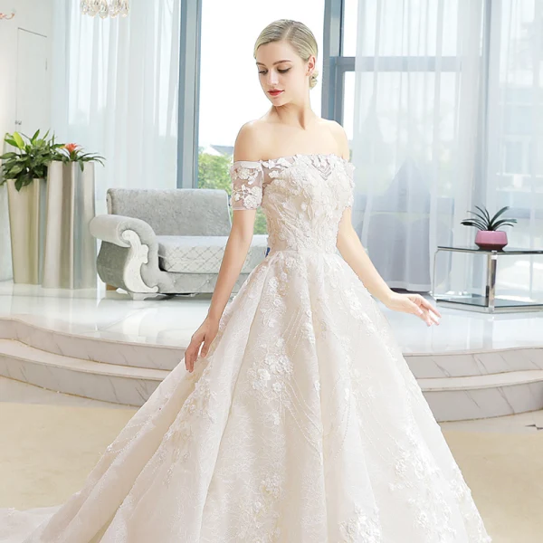Luxury / Gorgeous Champagne Wedding Dresses 2018 Ball Gown Lace Flower Appliques Beading Sequins Off-The-Shoulder Backless Short Sleeve Cathedral Train Wedding