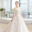 Luxury / Gorgeous Champagne Wedding Dresses 2018 Ball Gown Lace Flower Appliques Beading Sequins Off-The-Shoulder Backless Short Sleeve Cathedral Train Wedding