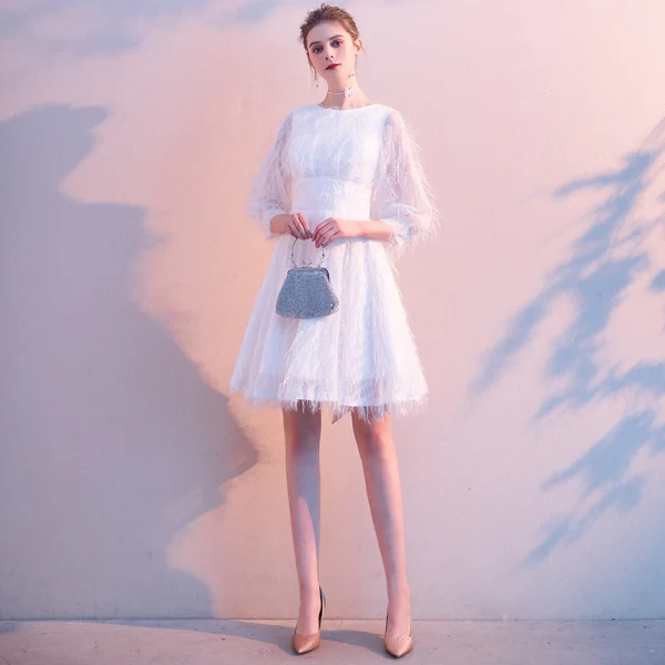 Elegante Ivory / Creme Heimkehr Quaste Abiballkleider 2020 A Linie Rundhalsausschnitt 3/4 Ärmel Schleife Kurze Festliche Kleider