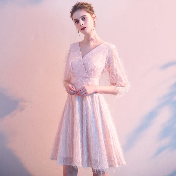 Chic / Beautiful Blushing Pink Homecoming Tassel Graduation Dresses 2020 A-Line / Princess V-Neck 1/2 Sleeves Backless Short Formal Dresses