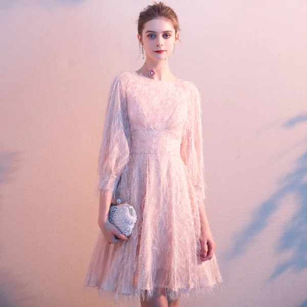 Fashion Blushing Pink Homecoming Tassel Graduation Dresses 2020 A-Line / Princess Scoop Neck Bow 3/4 Sleeve Short Formal Dresses