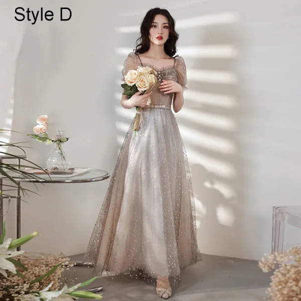 Elegant Grey Lace Star Bridesmaid Dresses 2021 A-Line / Princess Square Neckline Bow Short Sleeve Backless Floor-Length / Long Bridesmaid Wedding Party Dresses
