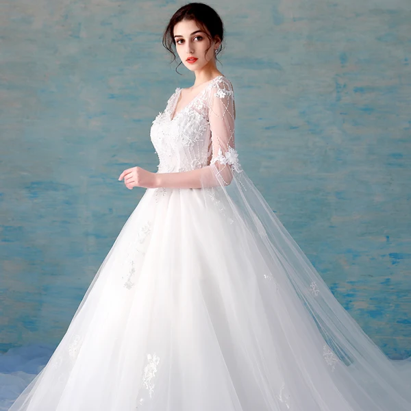 Chic / Belle Blanche Robe De Mariée 2018 Robe Boule En Dentelle Appliques Perlage Paillettes V-Cou Dos Nu 3/4 Manches Cathedral Train Mariage