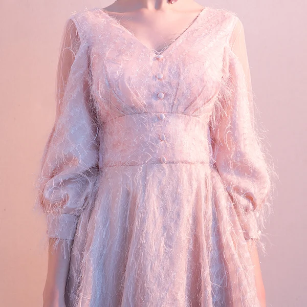 Chic / Beautiful Blushing Pink Homecoming Graduation Dresses 2020 A-Line / Princess V-Neck Tassel 3/4 Sleeve Short Formal Dresses