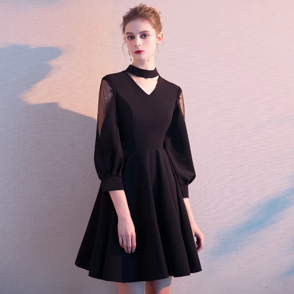 black short formal dresses long sleeve Long Sleeves V Neck Layered Black Lace Short Prom Homecoming Dresses, – Lwt  Dress