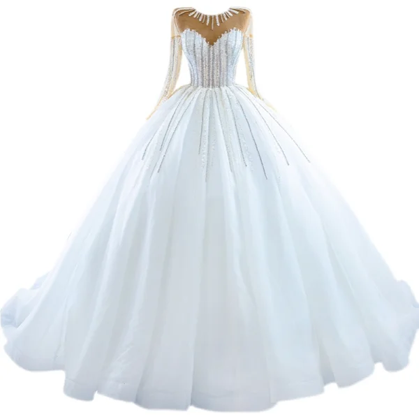 High-end Elegant White Rhinestone Wedding Dresses 2021 Ball Gown Scoop Neck Beading Sequins Long Sleeve Chapel Train Wedding