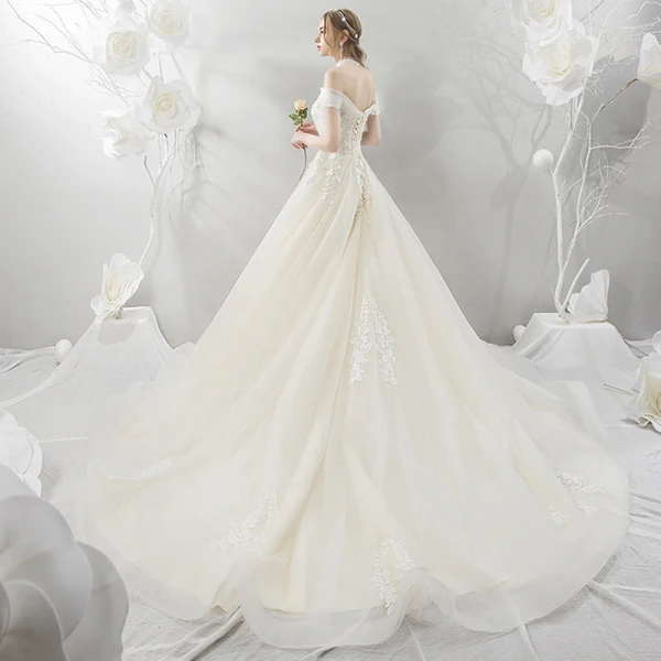 Elegant Champagne Wedding Dresses 2018 Ball Gown Lace Appliques Beading Pearl Off-The-Shoulder Backless Short Sleeve Cathedral Train Wedding