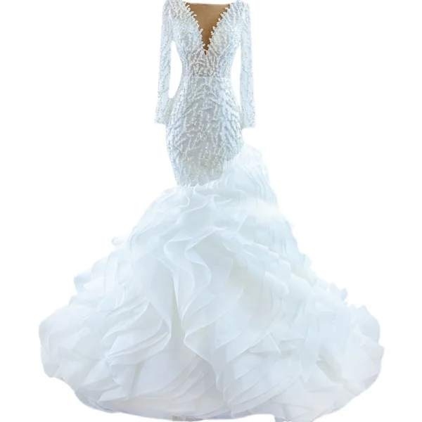 High-end Ivory Handmade  Beading Pearl Wedding Dresses 2021 Trumpet / Mermaid Cascading Ruffles Scoop Neck Long Sleeve Chapel Train Wedding