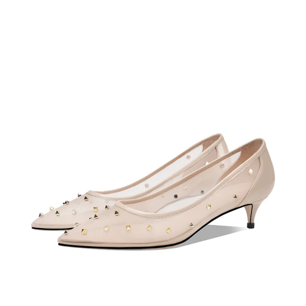 Chic / Beautiful Beige Casual Tulle Pumps 2020 Rivet 4 cm Stiletto Heels Low Heel Pointed Toe Pumps