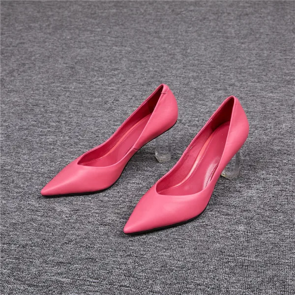 Modest / Simple Fuchsia Office OL Pumps 2020 Leather 6 cm Crystal Thick Heels Pointed Toe Pumps