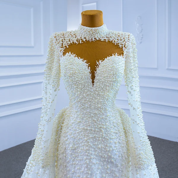High-end Luxury / Gorgeous Ivory Handmade  Beading Pearl Sequins Wedding Dresses 2021 Trumpet / Mermaid High Neck Long Sleeve Court Train Wedding