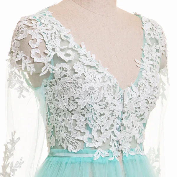 Chic / Beautiful Pool Blue Summer Evening Dresses  2018 A-Line / Princess Pierced Lace Appliques V-Neck 3/4 Sleeve Sweep Train Formal Dresses