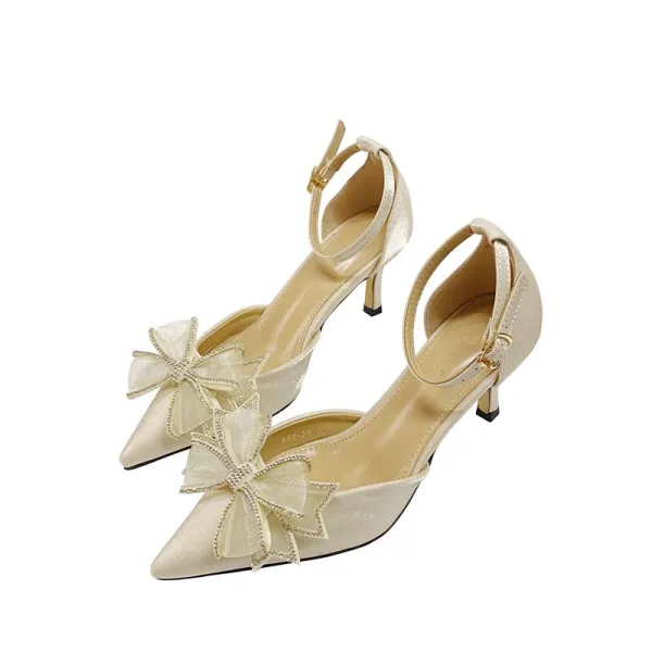 Élégant Beige Soirée Faux Diamant Noeud Sandales Femme 2021 Bride Cheville 7 cm Talons Aiguilles À Bout Pointu Talons Hauts