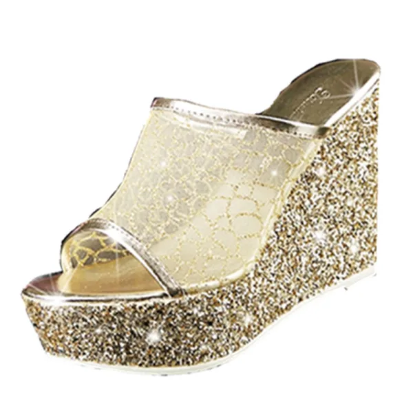 Charmant Doré Soirée Sandales Femme 2020 Glitter Paillettes 9 cm Compensées Peep Toes / Bout Ouvert Sandales
