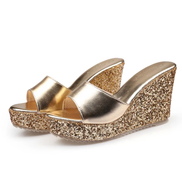 Glitzernden Gold Leder Sandalen Damen 2020 Glanz Pailletten 9 cm Keilabsatz Peeptoes Sandaletten