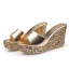Glitzernden Gold Leder Sandalen Damen 2020 Glanz Pailletten 9 cm Keilabsatz Peeptoes Sandaletten