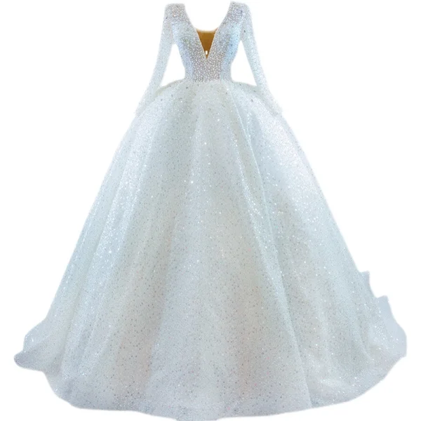 High-end Sparkly Ivory Pearl Wedding Dresses 2021 Ball Gown Handmade  Beading Rhinestone Sequins V-Neck Long Sleeve Court Train Wedding