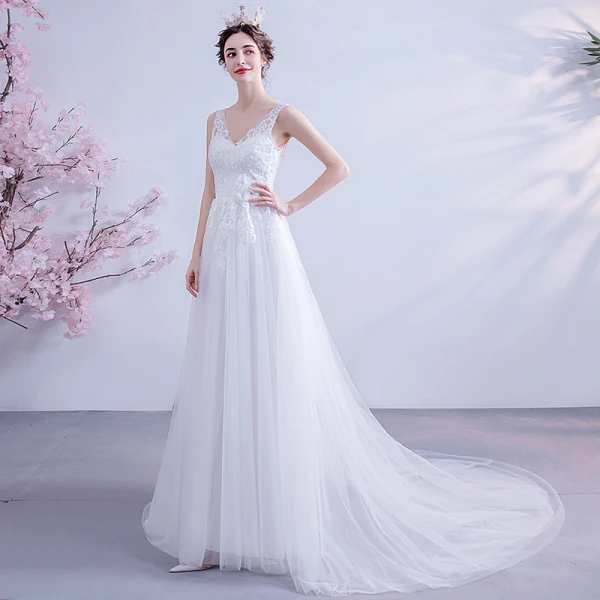 Abordable Blanche Robe De Mariée 2020 Princesse V-Cou Faux Diamant En Dentelle Fleur Appliques Sans Manches Dos Nu Tribunal Train