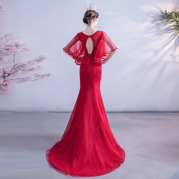 Chic / Beautiful Burgundy Evening Dresses 2020 Trumpet / Mermaid Scoop Neck Beading Sequins Lace Flower 1/2 Sleeves Backless Sweep Train Formal Dresses