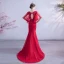 Chic / Beautiful Burgundy Evening Dresses  2020 Trumpet / Mermaid Scoop Neck Beading Sequins Lace Flower 1/2 Sleeves Backless Sweep Train Formal Dresses