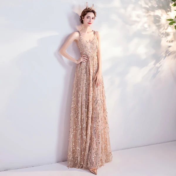 Fashion Gold Evening Dresses 2020 A-Line / Princess Spaghetti Straps Sequins Tassel Sleeveless Backless Floor-Length / Long Formal Dresses