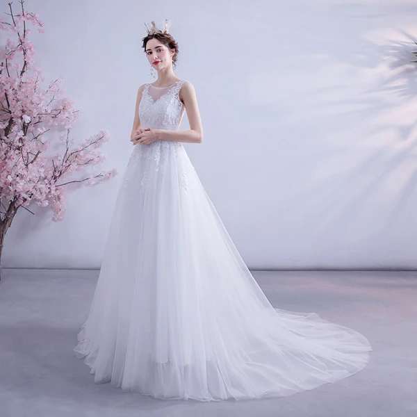 Abordable Blanche Robe De Mariée 2020 Princesse Encolure Dégagée En Dentelle Fleur Sans Manches Dos Nu Tribunal Train