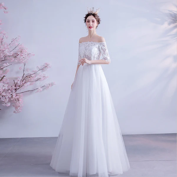 Affordable White Wedding Dresses 2020 A-Line / Princess Off-The-Shoulder Lace Flower 1/2 Sleeves Backless Floor-Length / Long Wedding