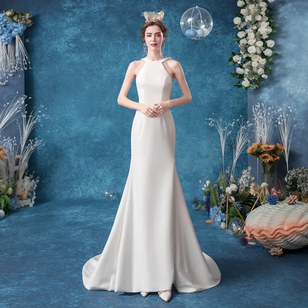 Affordable Ivory Wedding Dresses 2020 Trumpet / Mermaid Scoop Neck Lace Flower Sleeveless Backless Court Train