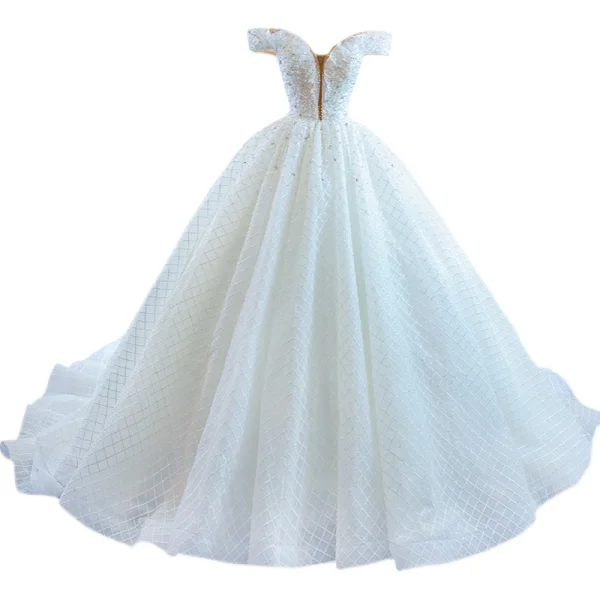 Luxury / Gorgeous Ivory Wedding Dresses 2021 Ball Gown Off-The-Shoulder Beading Pearl Rhinestone Sequins Short Sleeve Backless Chapel Train Wedding