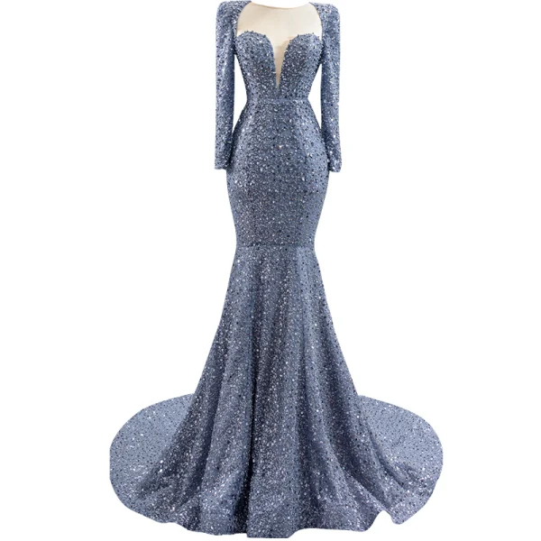 High-end Grey Beading Pearl Rhinestone Evening Dresses  2021 Trumpet / Mermaid Scoop Neck Sequins Long Sleeve Court Train Evening Party Formal Dresses