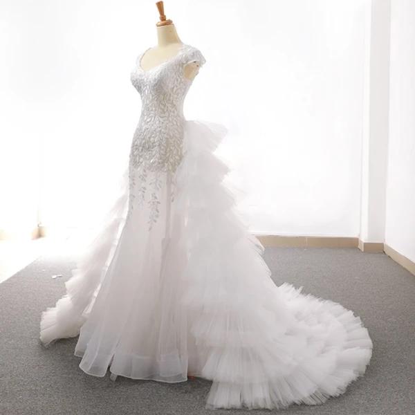 Sexy Weiß Brautkleider 2018 Mermaid Applikationen Mit Spitze Durchsichtige V-Ausschnitt Rückenfreies Ärmel Sweep / Pinsel Zug Hochzeit