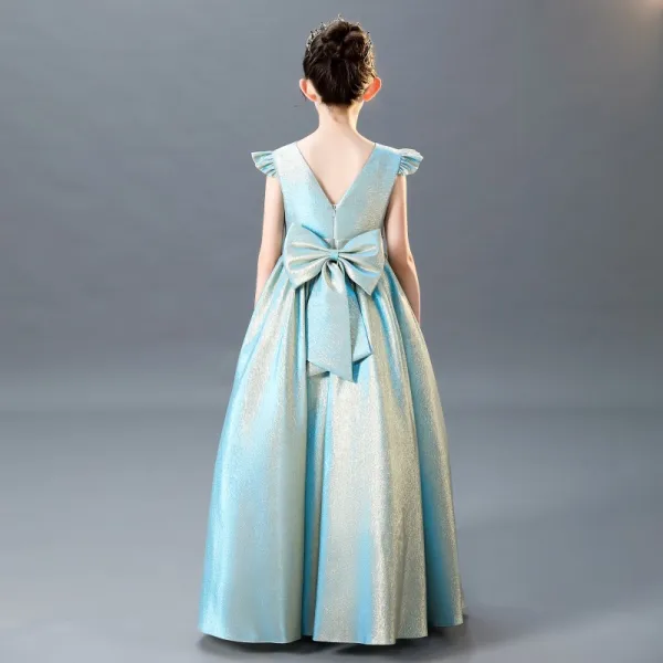 Moderne / Mode Bleu Ciel Ceinture Anniversaire Robe Ceremonie Fille 2021 Princesse Encolure Dégagée Dos Nu Noeud Sans Manches