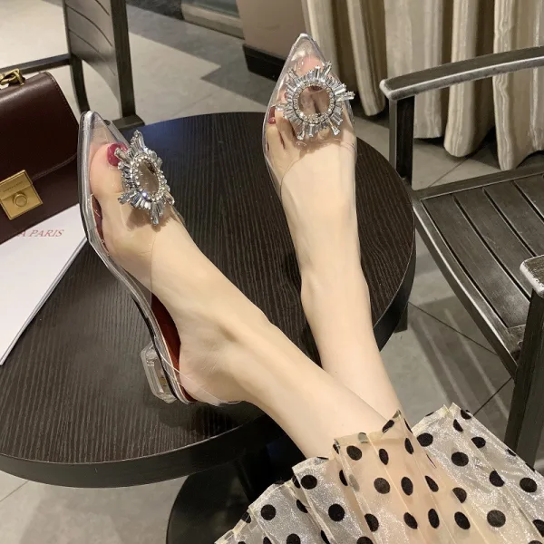 Transparent Argenté Désinvolte Cristal Plate Sandales Femme 2020 À Bout Pointu Plat Sandales