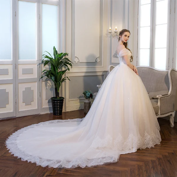 Elegant Ivory Wedding Dresses 2018 Ball Gown Appliques Lace Crystal Off-The-Shoulder Backless Sleeveless Cathedral Train Wedding