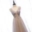 Charming Champagne Evening Dresses  2020 A-Line / Princess V-Neck Beading Pearl Rhinestone Sequins Lace Flower Sleeveless Backless Floor-Length / Long Formal Dresses