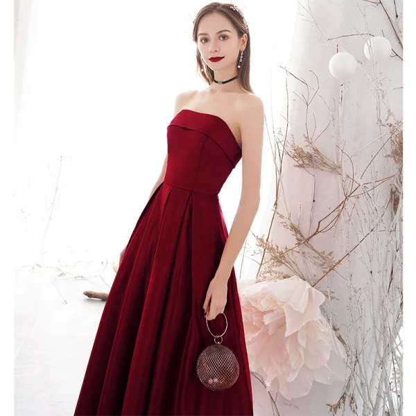 Elegant Burgundy Evening Dresses 2020 A-Line / Princess Strapless Sleeveless Backless Floor-Length / Long Formal Dresses