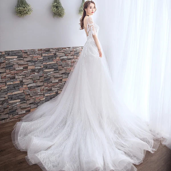 Chic / Beautiful White Wedding Dresses 2018 A-Line / Princess Appliques Lace Scoop Neck Backless 1/2 Sleeves Court Train Wedding
