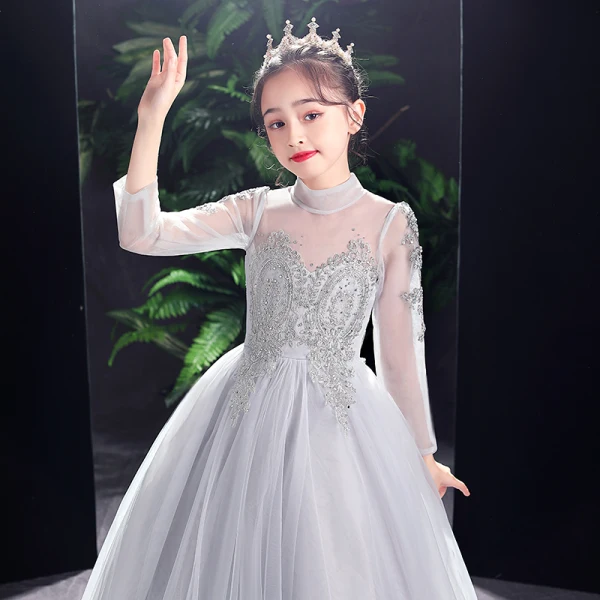 Elegant Grey Birthday Flower Girl Dresses 2021 A-Line / Princess High Neck Long Sleeve Beading Rhinestone Lace Flower Sweep Train