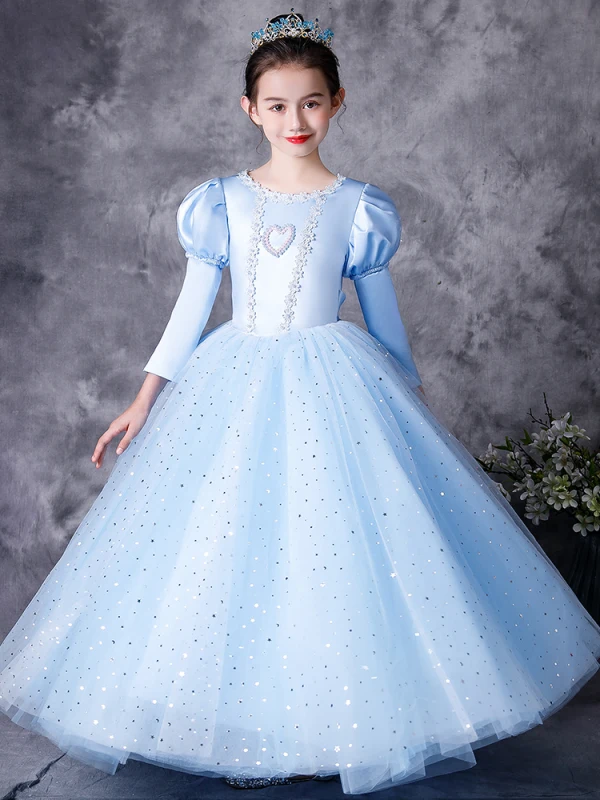 Médiévale Vintage / Originale Bleu Ciel Robe Ceremonie Fille 2021 Princesse Encolure Dégagée 3/4 Manches Forme de coeur Perle Paillettes En Dentelle Fleur Noeud Longue